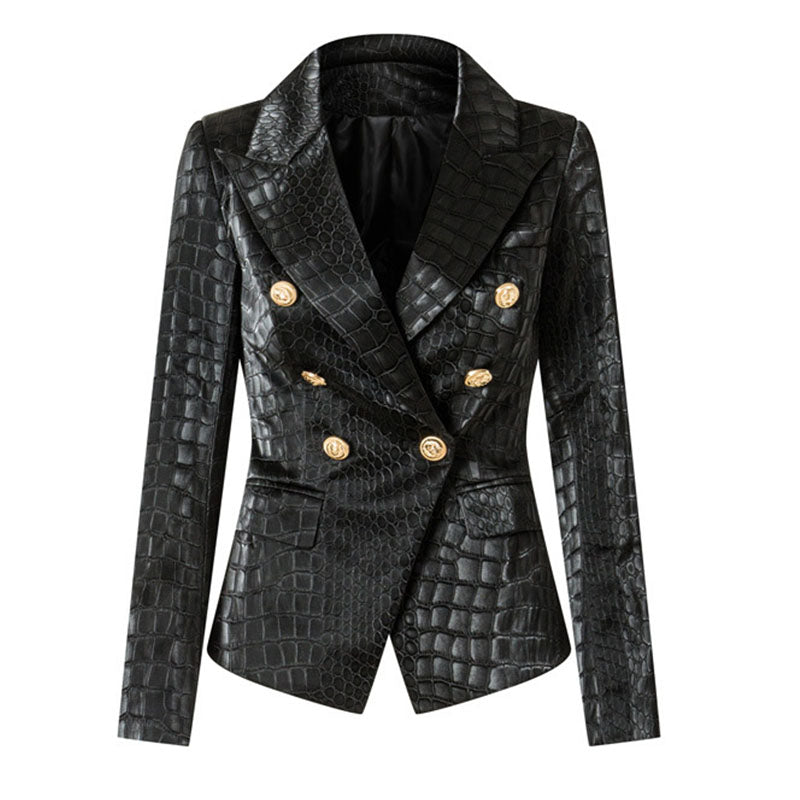 Double Breasted Black Leather Blazer