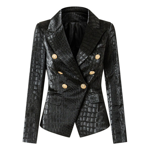 Double Breasted Black Leather Blazer