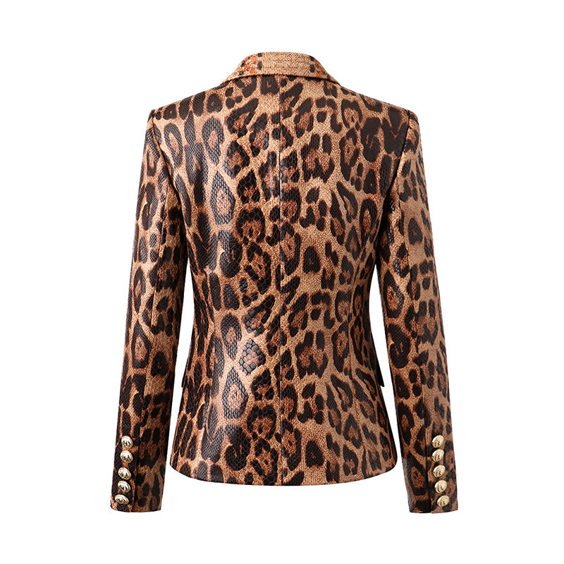 Double Breasted Leopard Leather Blazer