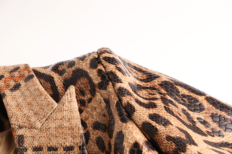 Double Breasted Leopard Leather Blazer