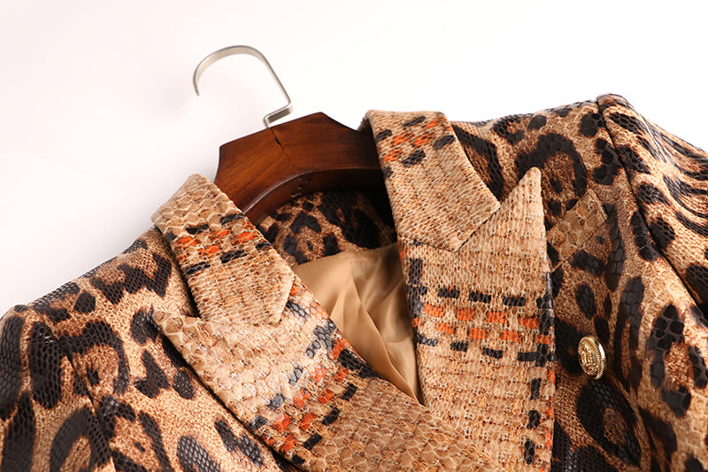 Double Breasted Leopard Leather Blazer