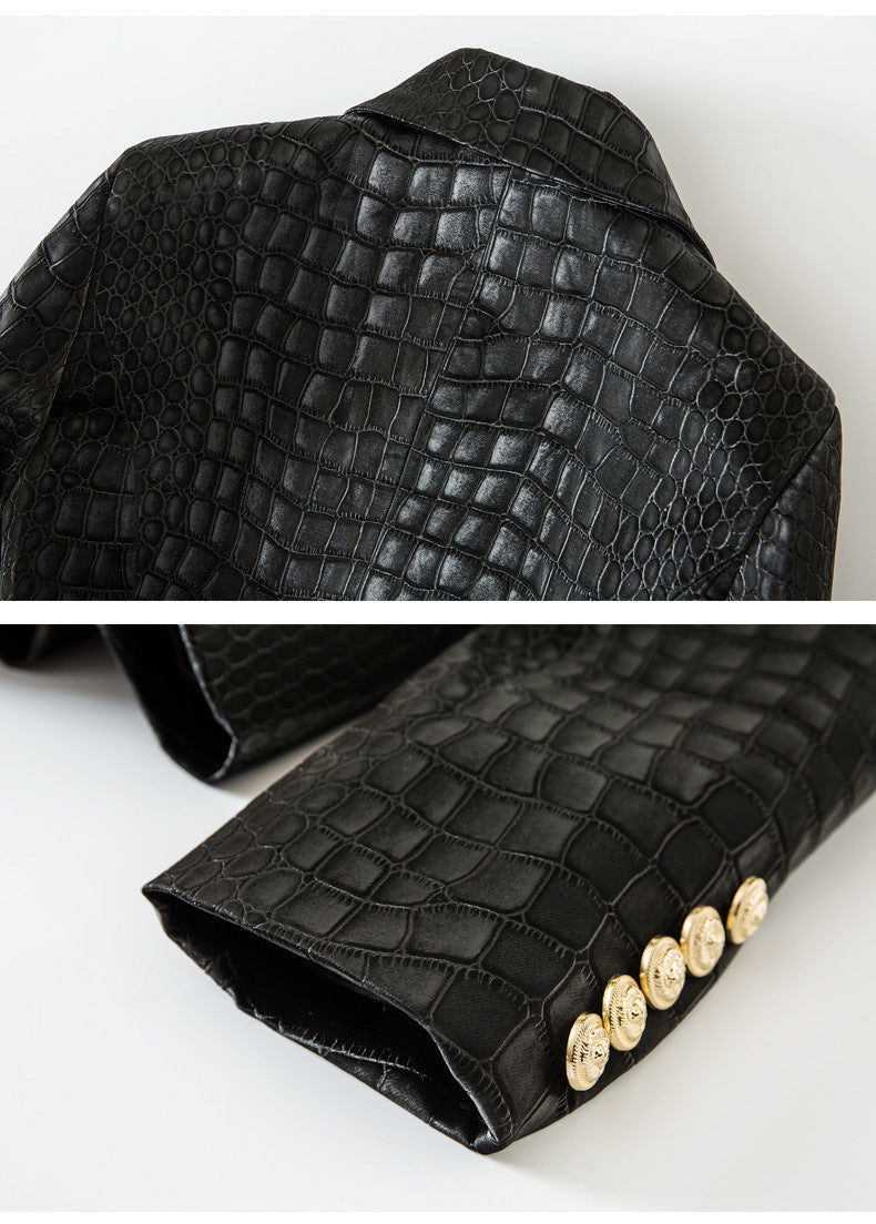 Double Breasted Black Leather Blazer