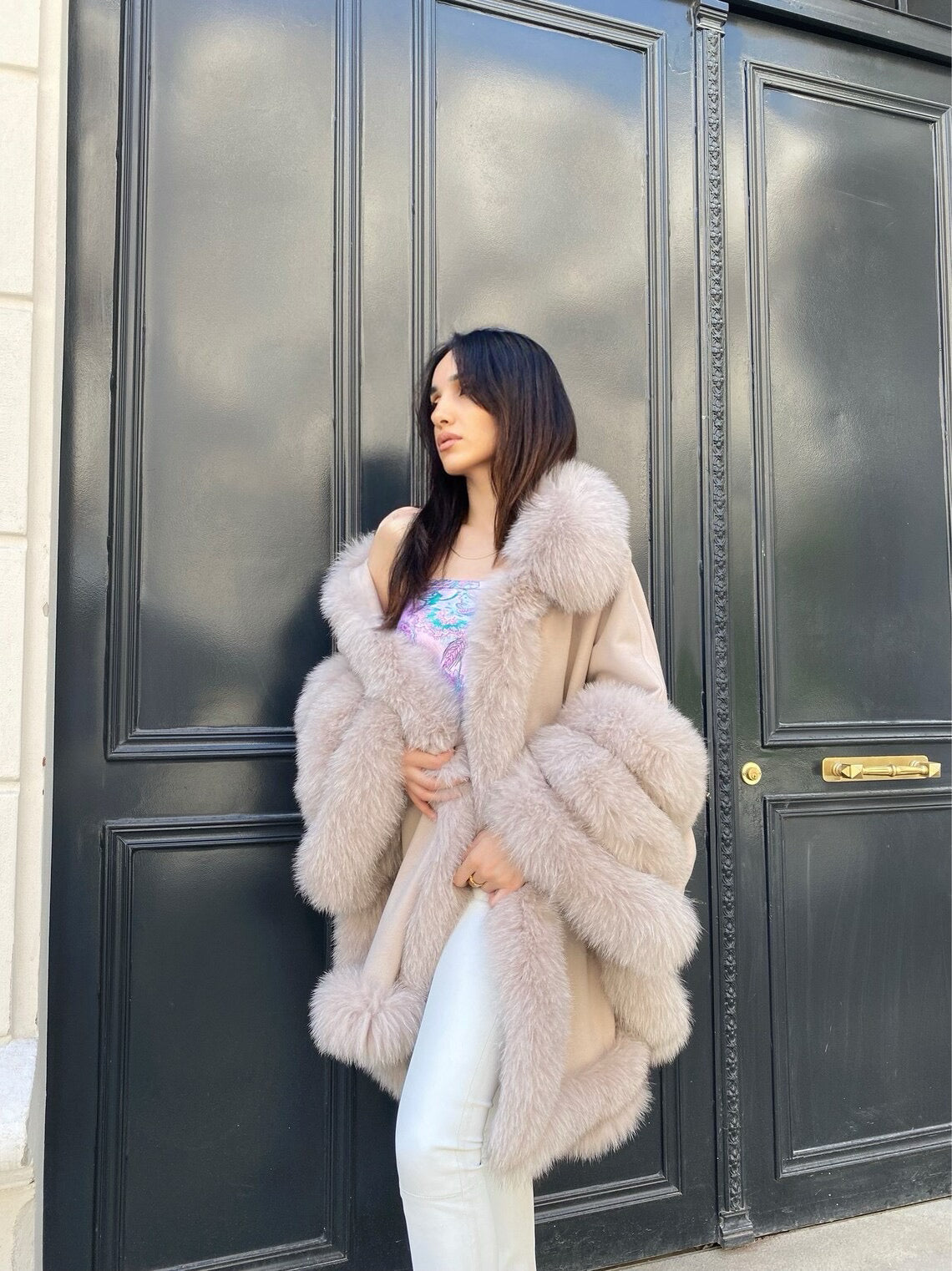 Fox Fur Cashmere Poncho in beige