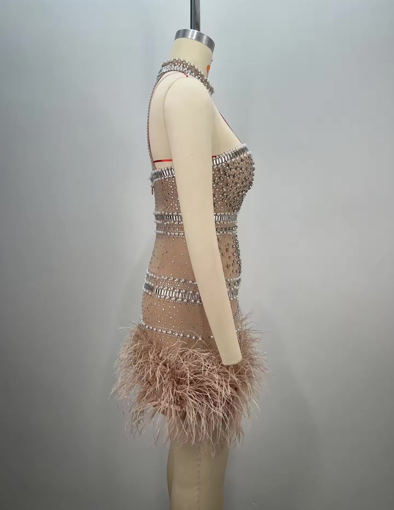 Nancy Crystal Embellished Nude Feather Dress