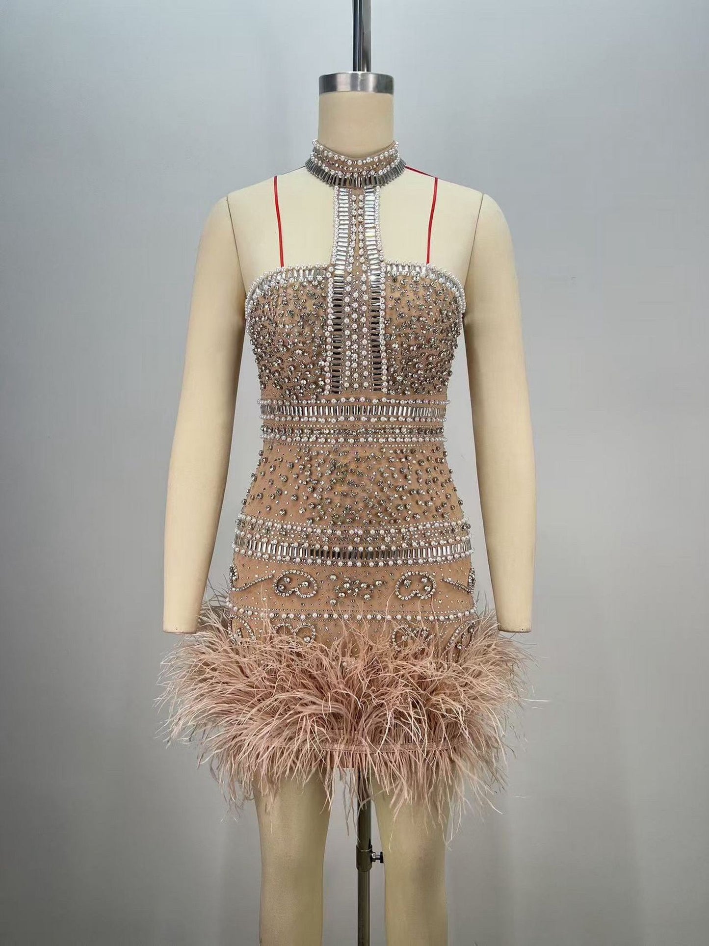 Nancy Crystal Embellished Nude Feather Dress