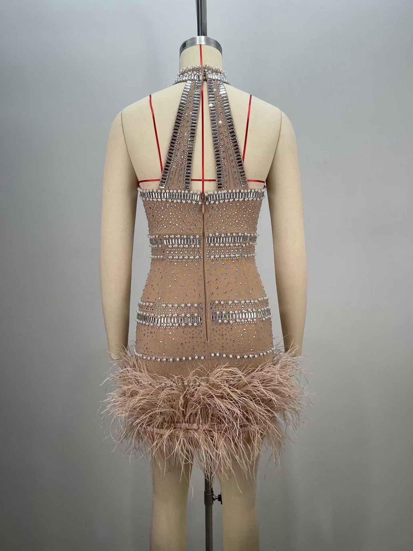 Nancy Crystal Embellished Nude Feather Dress