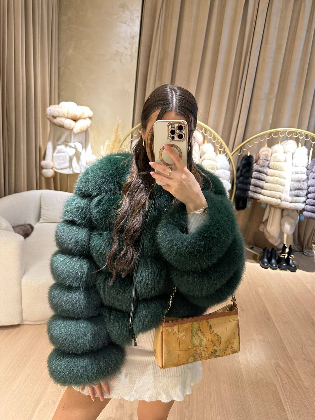 Lime Fox Fur Genuine Leather Jacket in dark green