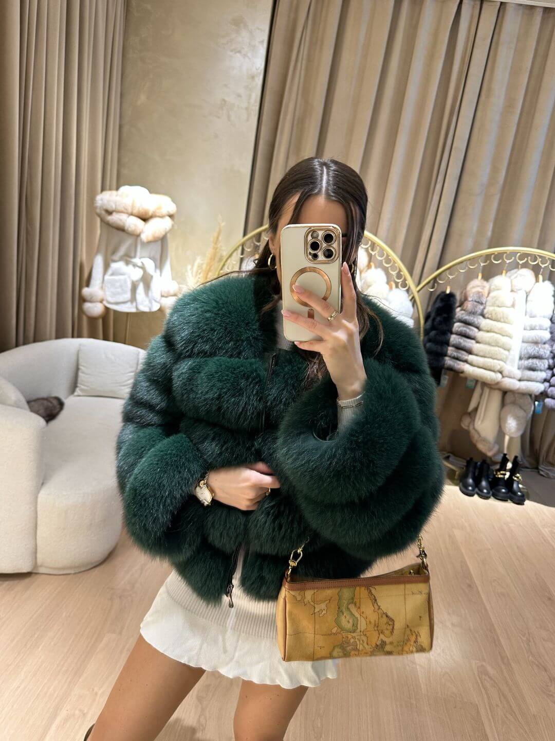 Lime Fox Fur Genuine Leather Jacket in dark green