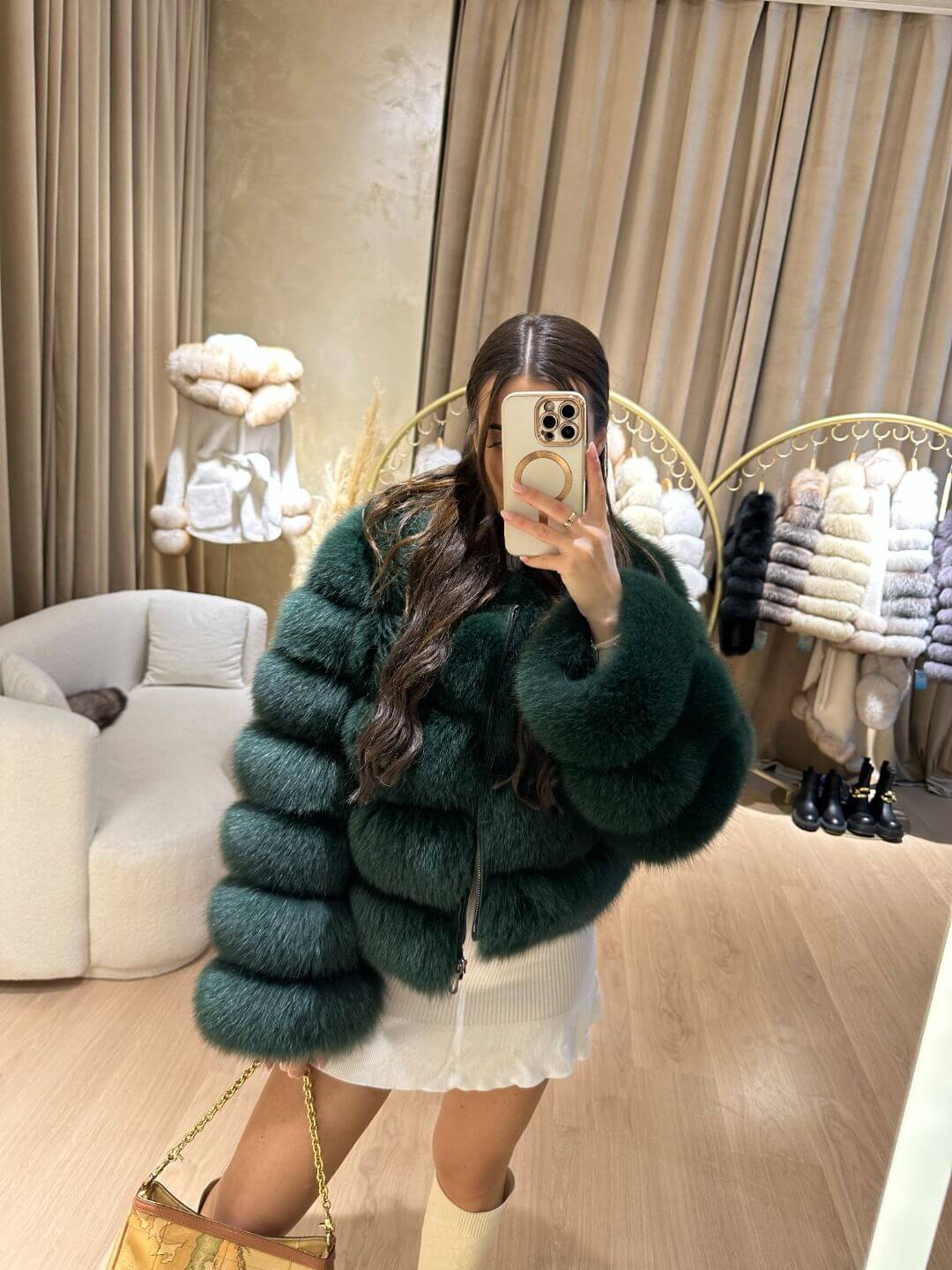 Lime Fox Fur Genuine Leather Jacket in dark green
