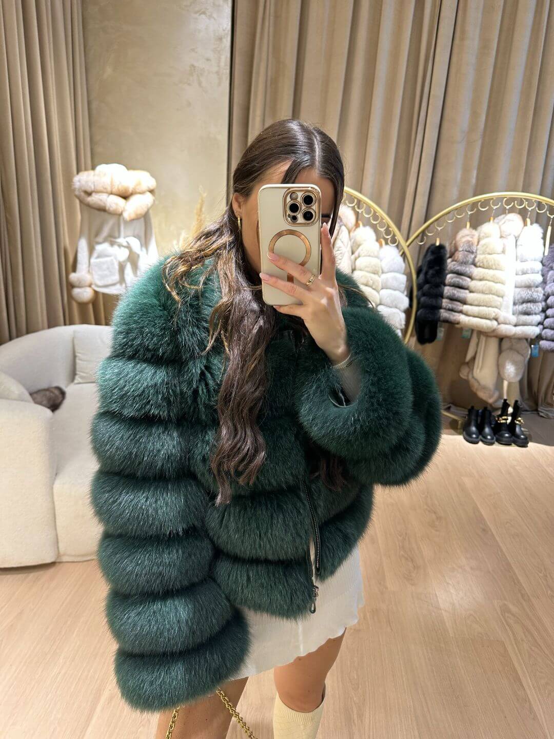 Lime Fox Fur Genuine Leather Jacket in dark green