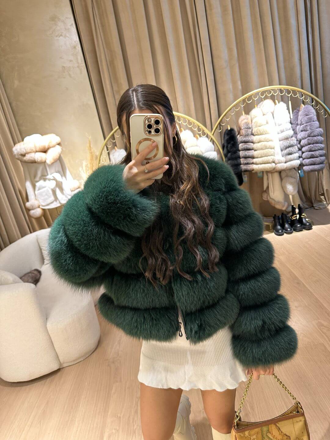 Lime Fox Fur Genuine Leather Jacket in dark green