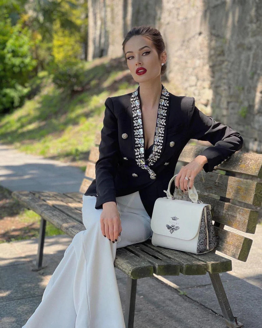 Double Breasted Blazer in Black with Rhinestones