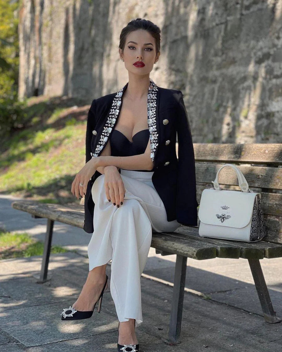 Double Breasted Blazer in Black with Rhinestones