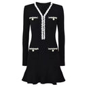 Two-Tone V-Neck Beaded Pocket Long Sleeve Slim Fit Fishtail Knit Dress