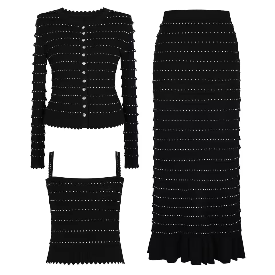 Knitted Lace Rhinestone Top Vest & Camisole with Ruffle Edge Slim Fit Half Skirt Set