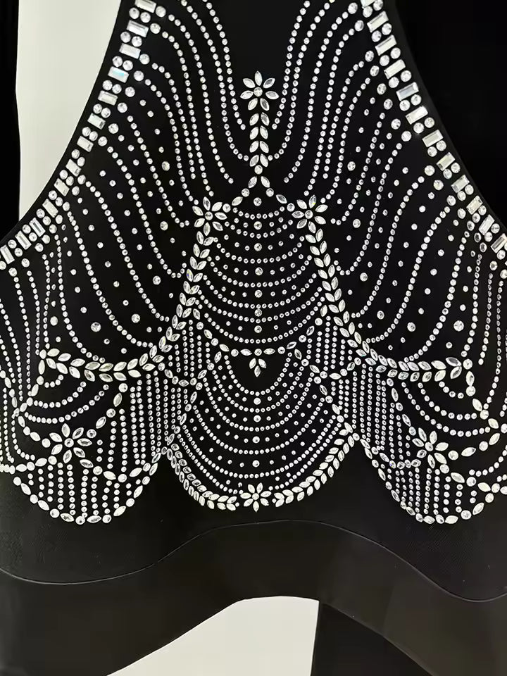 Beaded Diamond Hollow Out Single Button Jacket Pants Set