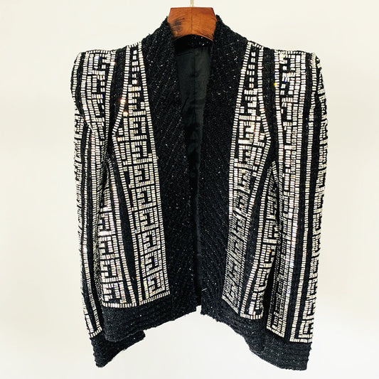 Double Breasted Black Embellished Tweed Blazer