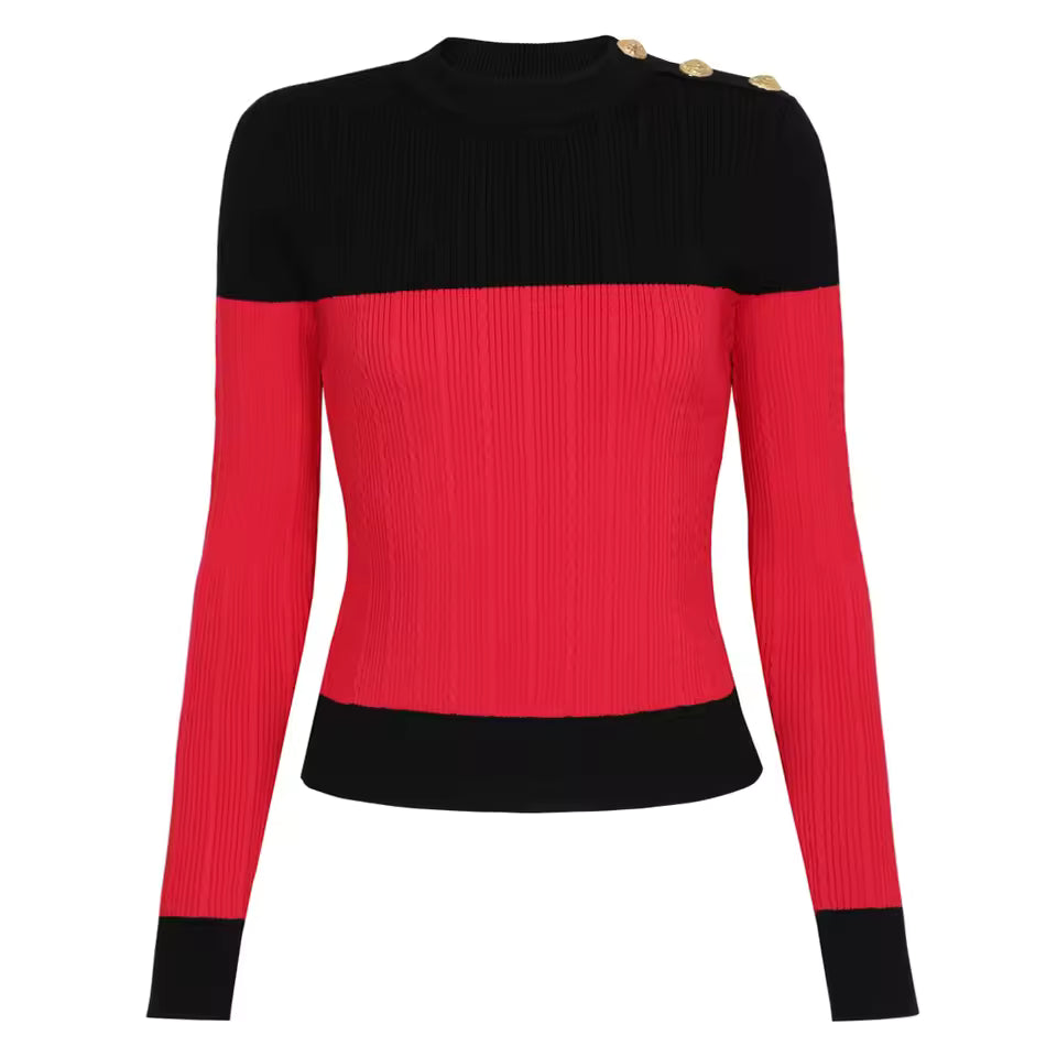 Slim Fit O-Neck Pullover Top with Button Detail