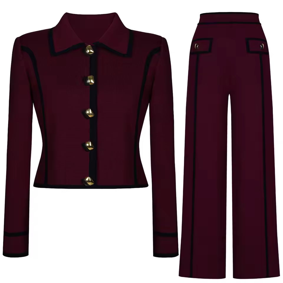 Colorblock Knit Turn-Down Collar Vest and Pants Set