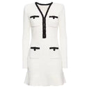 Two-Tone V-Neck Beaded Pocket Long Sleeve Slim Fit Fishtail Knit Dress
