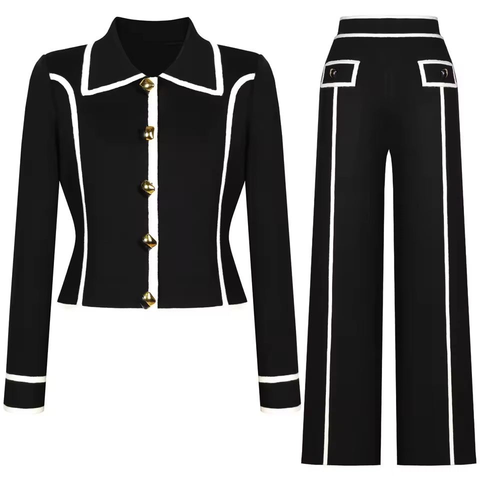 Colorblock Knit Turn-Down Collar Vest and Pants Set