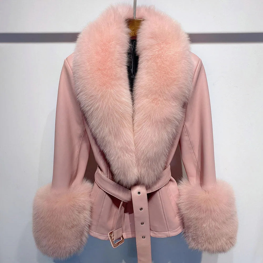 Short Fox Fur Genuine Leather Jacket in pink