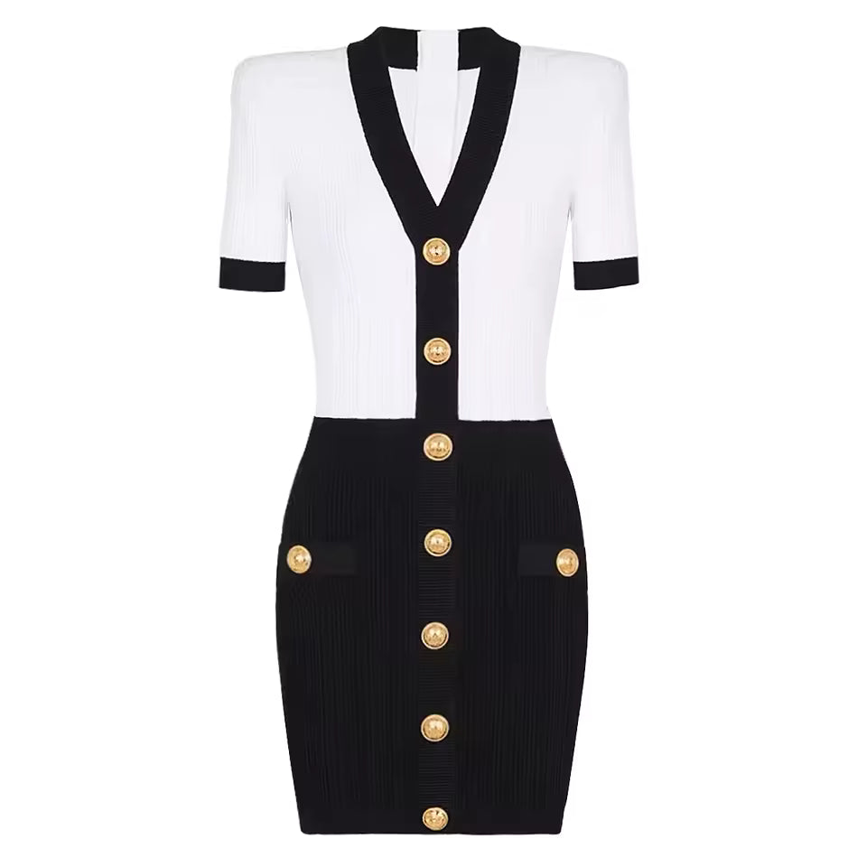 Color Block V-Neck Short Sleeve Slim Fit Knit Dress