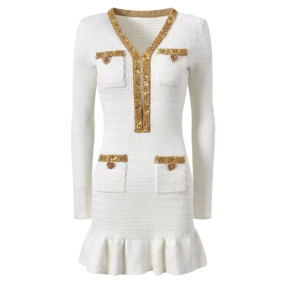 Elegant Crystal Knit Long Sleeve Mermaid Fishtail Mini Party Dress