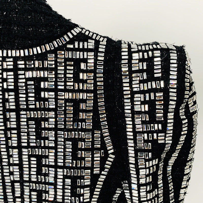 Double Breasted Black Embellished Tweed Blazer