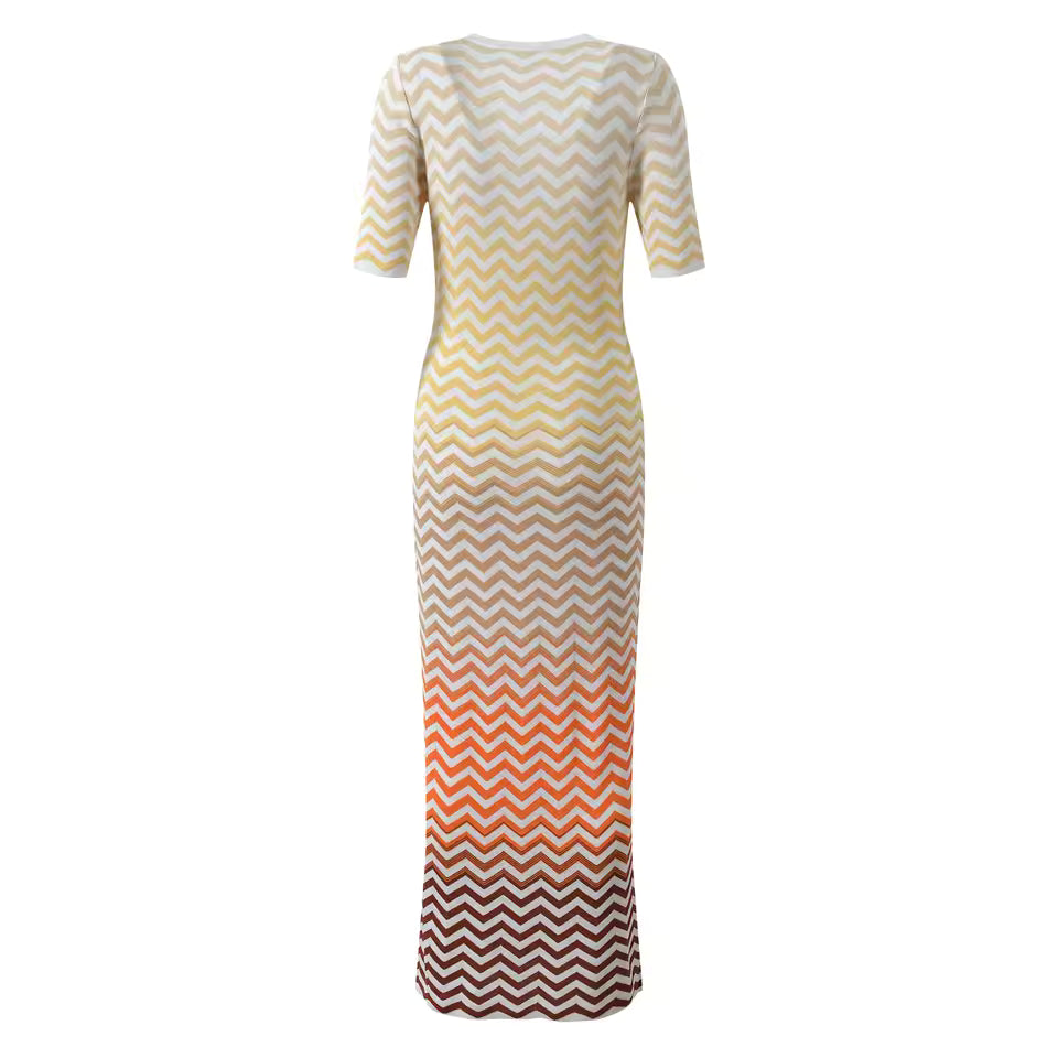 Elegant V-Neck Color Gradient Short Sleeve Wavy Knit Long Dress