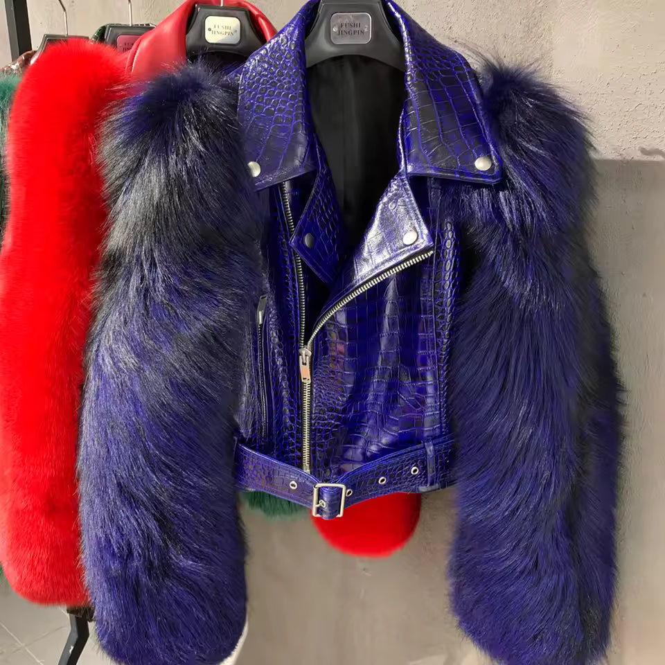 Leather Biker Jacket with Fox Fur Sleeves
