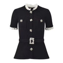 Vintage French Lace Patchwork O-Neck Short Sleeve Knit Cardigan with Belt