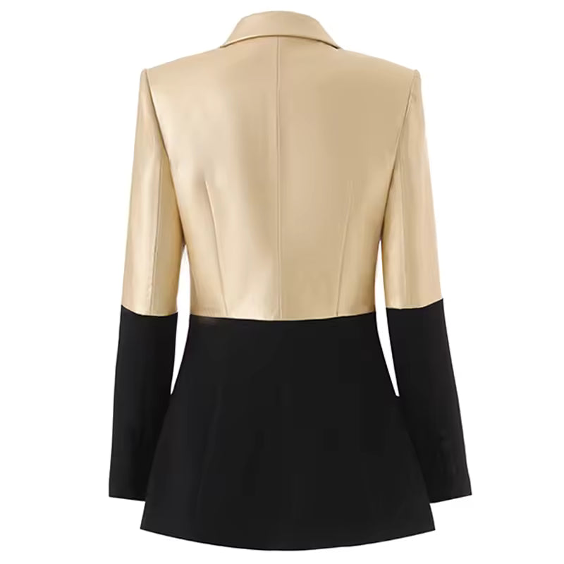 Gold & Black PU Patchwork Double-Breasted Slim Fit Blazer