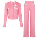 Flower Accent Knit Vest & Solid Pants Two-Piece Set