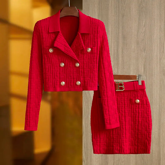 Retro Two Pieces Skirt Set in Red