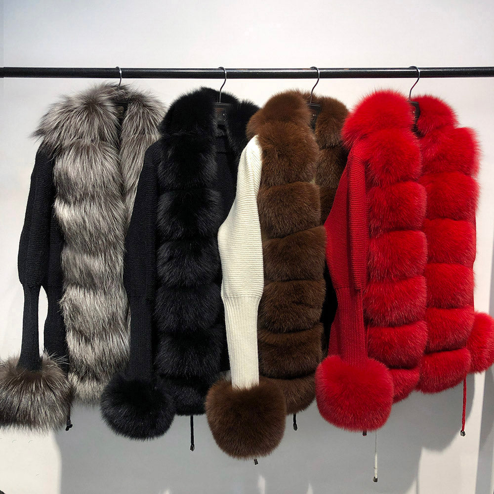 Fox Fur Cashmere/Knit Short Cardigan in red