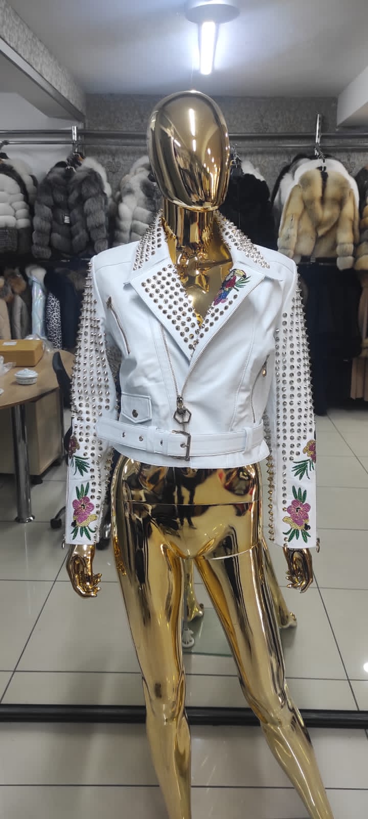 Genuine Leather Embroidered Biker Jacket in white