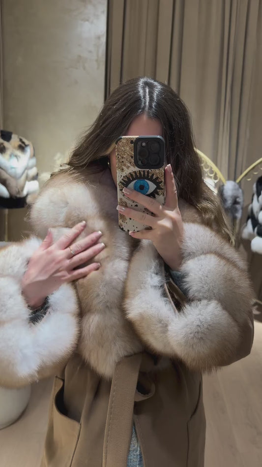 Real Fox Fur Cashmere Coat in camel